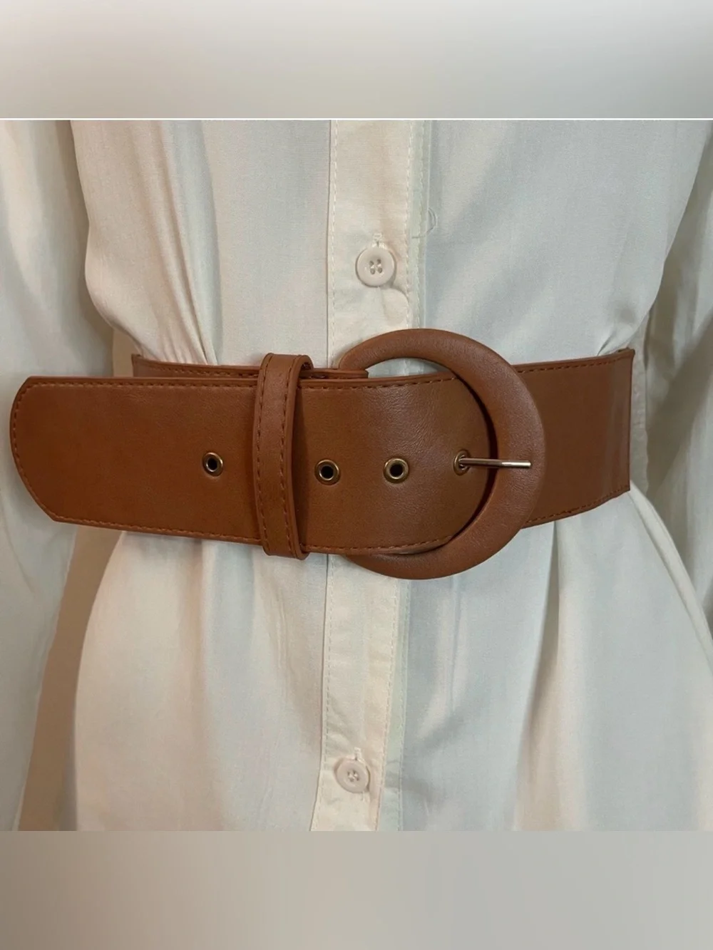 Brown faux leather elastic waistband belt